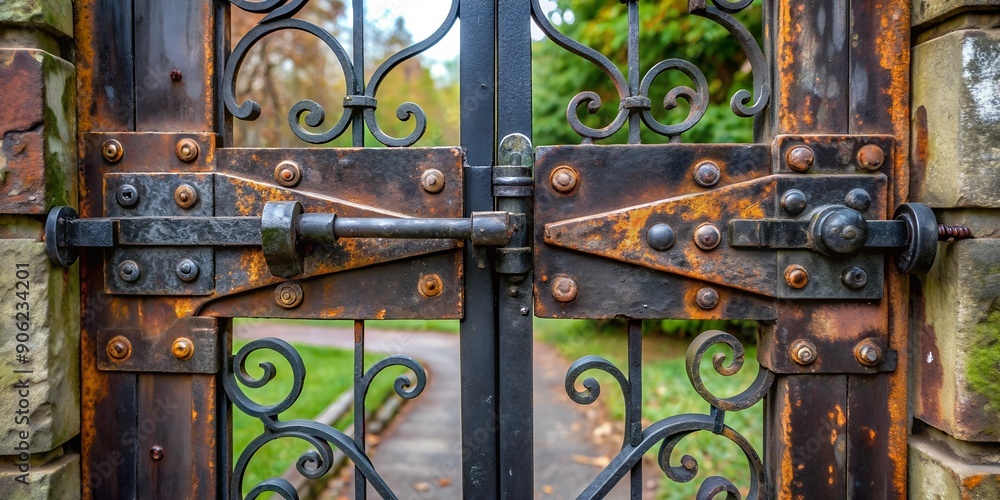 Aufkleber the hinges of the gate with black paint are starting to rust generative by ai