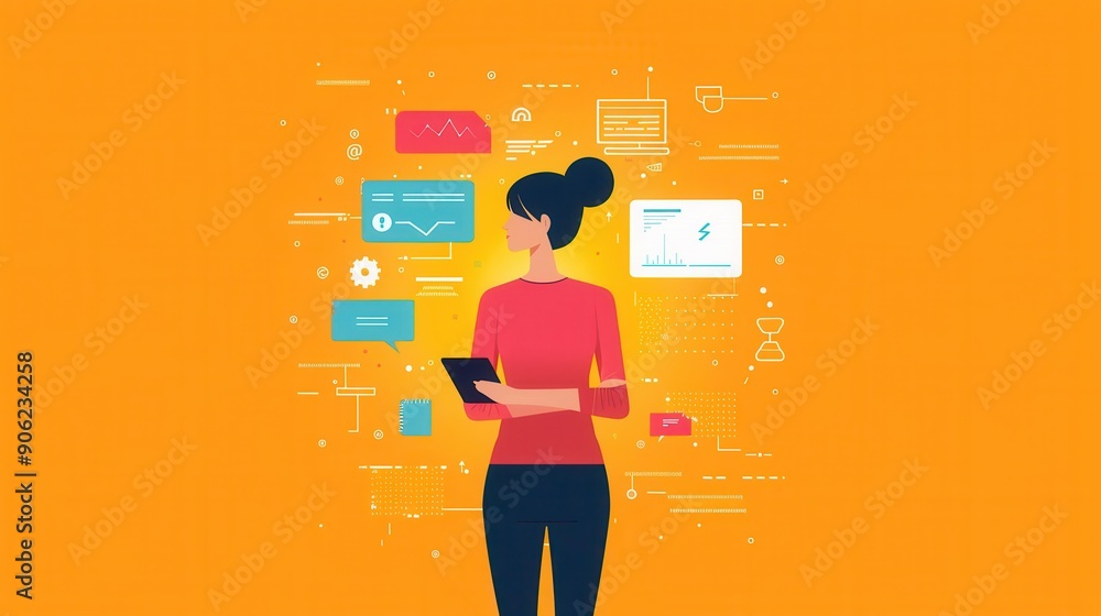 Poster user-centered interaction, person interacting with user interface, flat design illustration