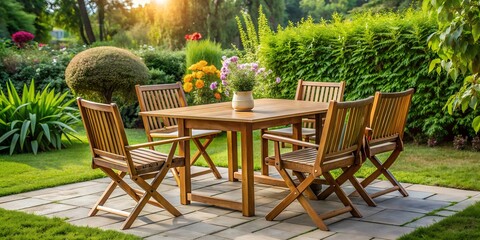 wooden table and chairs in the garden Generative AI