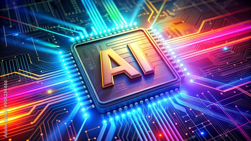 Poster ai word on microchip with colorful light beams - ai concept banner