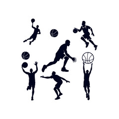 A set of Basketball player silhouettes, Basketball elements Clip art isolated vector illustration