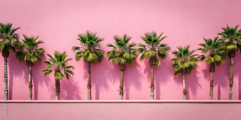 Poster pink empty wall with palm trees around the edges ai generative