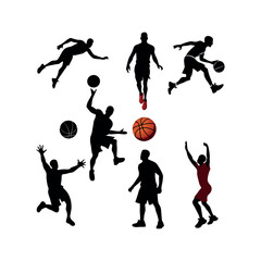 A set of Basketball player silhouettes, Basketball elements Clip art isolated vector illustration