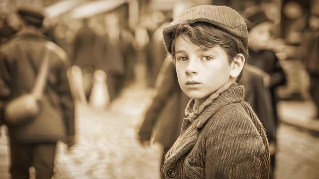 A young boy standing alone on the street, vintage 1900s style sepia image