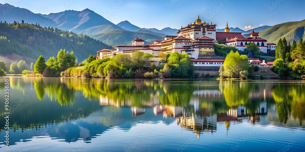 Poster lonely monastery complex with lake generative by ai