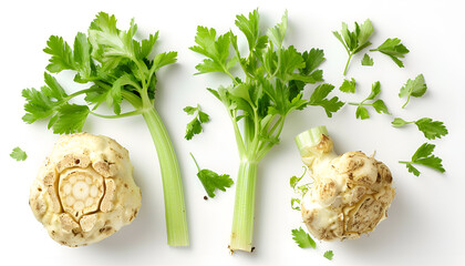 Fresh celery root with leaf isolated on white background. Top view. Flat lay