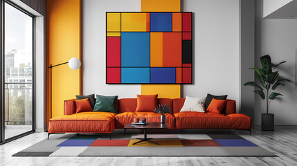 A modern living room with an orange sectional sofa, a geometric abstract painting on the wall, and a rug that matches the colors of the painting. The room has a bright and airy feel with a large windo
