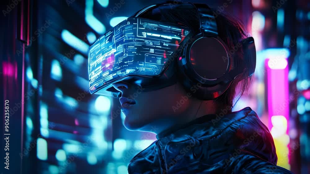 Poster a cyberpunk hacker in a virtual reality setting