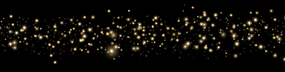 Gold glittering dots, particles, stars magic sparks. Glow flare light effect. Gold luminous points. Vector particles on black background.