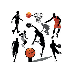 Naklejka premium A set of Basketball player silhouettes, Basketball elements Clip art isolated vector illustration