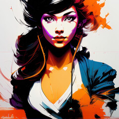 Glamorous woman face illustration with flowing hair, bold lips, and captivating eyes