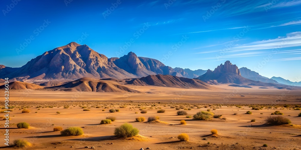 Poster a desert landscape with mountains in the background generative ai