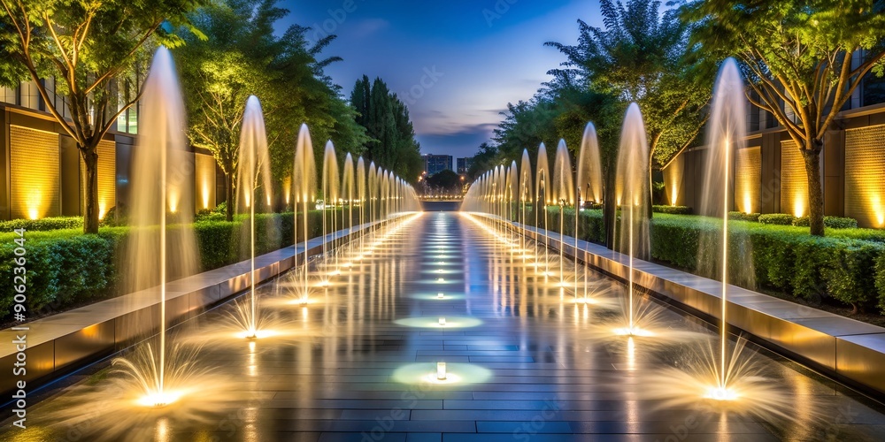Poster lighted walkway with a fountain on each side AI Generative