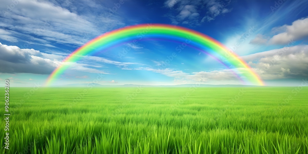 Poster animated green field with rainbow generative ai