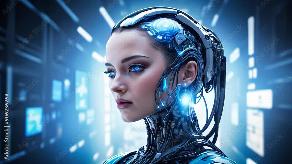 Poster a humanoid head with a neural network brain. artificial intelligence concept.