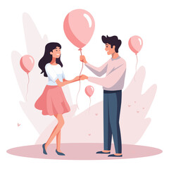 A happy girl and a man are holding balloons. Flat illustration