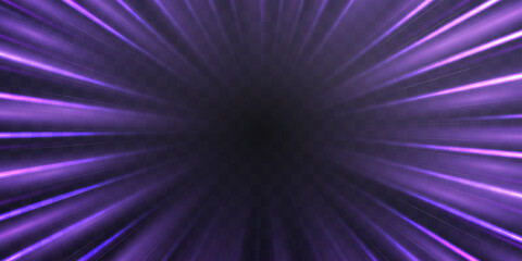 Radial speed rays, light neon flow, zoom in motion effect, purple glow speed lines, colorful light trails, perspective stripes. Abstract background, vector illustration.