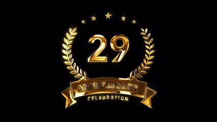 29th Anniversary Celebration. Happy 29 Years Anniversary Animation in Gold Color on the Transparent Background, Alpha Channel. Great for greetings, celebrations, events, and gifts.
