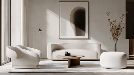 A living room with a white couch and two white chairs