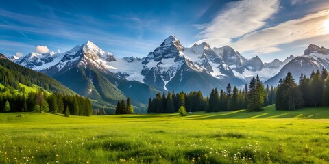 Obraz premium Alpine meadow with a backdrop of snow capped mountains Creative AI