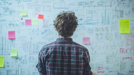 Entrepreneur Looking at Whiteboard full of business plan and strategy