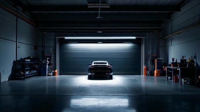 A sleek black car, bathed in the soft glow of a single light, rests within a dimly lit garage