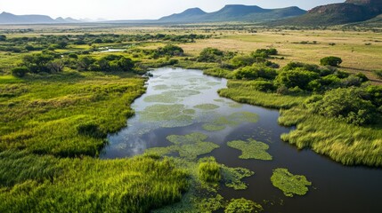 A large body of water is surrounded by tall grass and trees