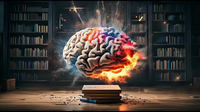 Vibrant brain model bursting with colorful energy above open book in dimly lit library