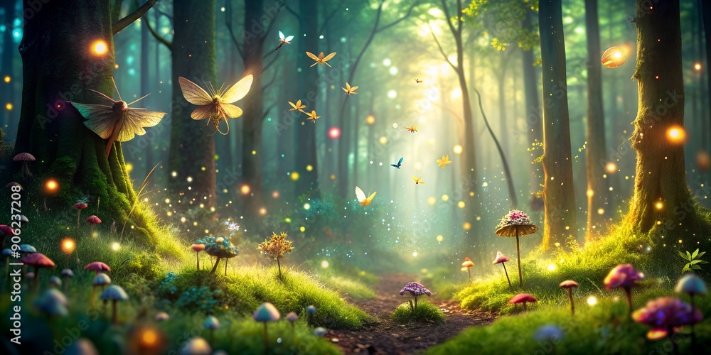 Poster a magical forest clearing filled with enchanting creatures and shimmering pixie dust generative ai