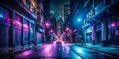 Empty dark street with neon lights in the background urban empty street night dark neon light city deserted Generative By AI