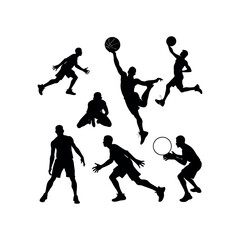 A set of Basketball player silhouettes, Basketball elements Clip art isolated vector illustration