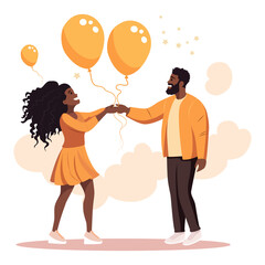 A happy girl and a man are holding balloons. Flat illustration