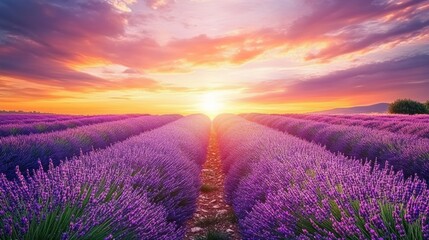 A field of lavender with a sun setting in the background