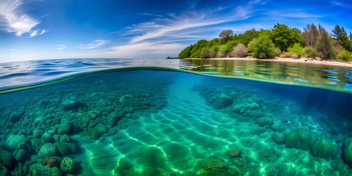 Sea water surface cut out a split level of above and below the lake surface in deep blue water off the lakeshore with a land AI