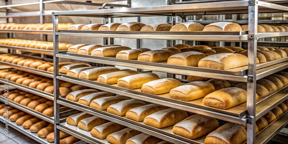 Poster loafs of bread in a bakery on oven trays generative by ai