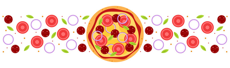Flat border pizza ingredients banner card menu decoration illustration