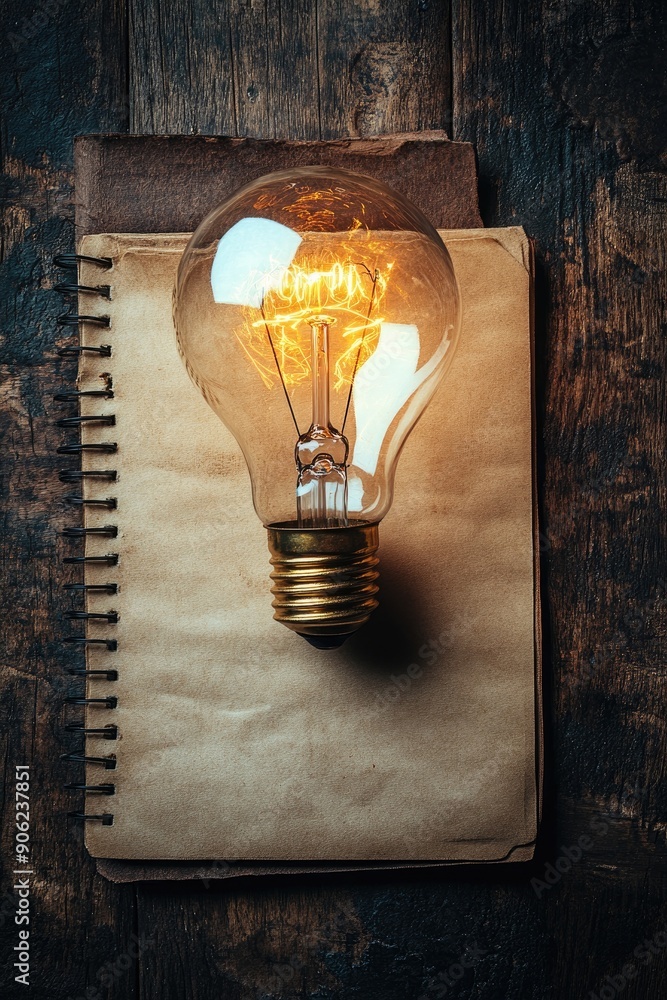 Poster glowing lightbulb floating over a notebook suggesting new ideas