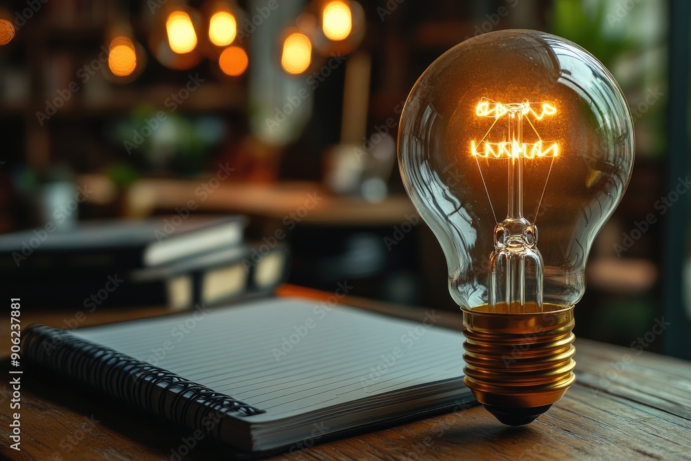 Poster glowing lightbulb floating over a notebook suggesting new ideas