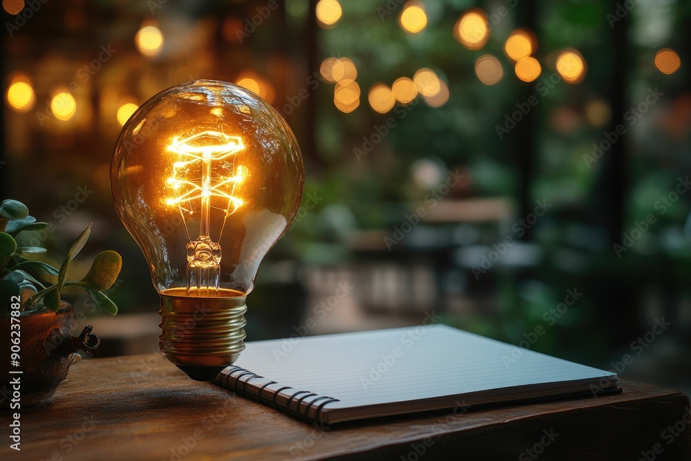 Poster glowing lightbulb floating over a notebook suggesting new ideas