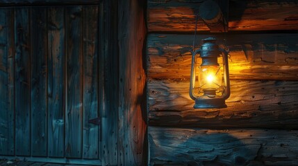 Vintage-style lantern illuminating the exterior of a log cabin in the evening