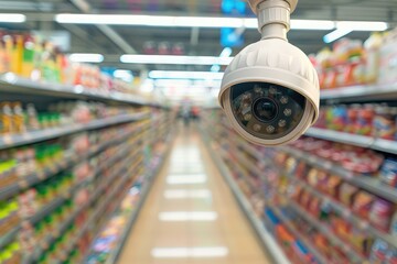 Obraz premium Security camera recording customers shopping for groceries in supermarket