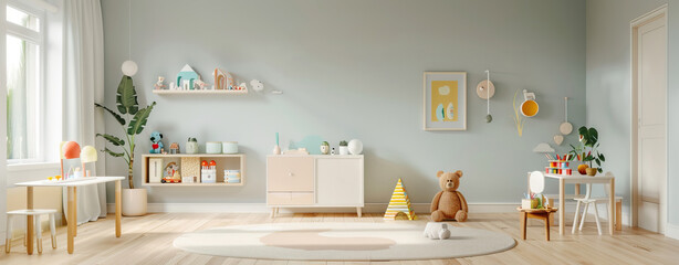 A bright and colorful room with a teddy bear sitting on a chair by AI generated image