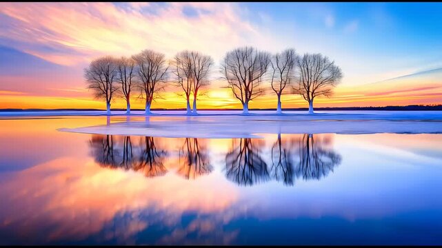  Row of bare trees reflected on a frozen lake under a stunning sunset sky
