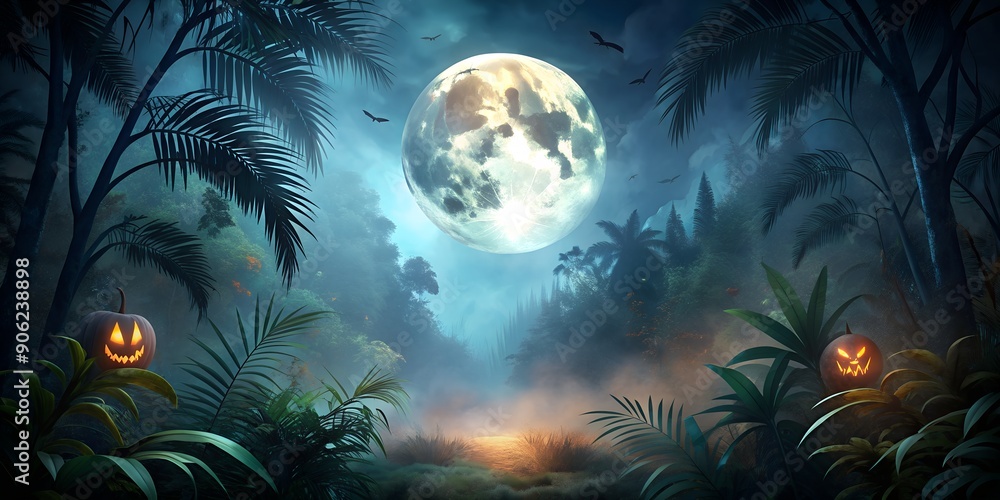 Canvas Prints halloween background with the moon in the dark jungle generative ai