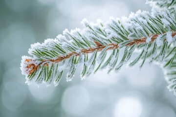 Frozen pine tree branch covered in snow and ice crystals on a cold winter day