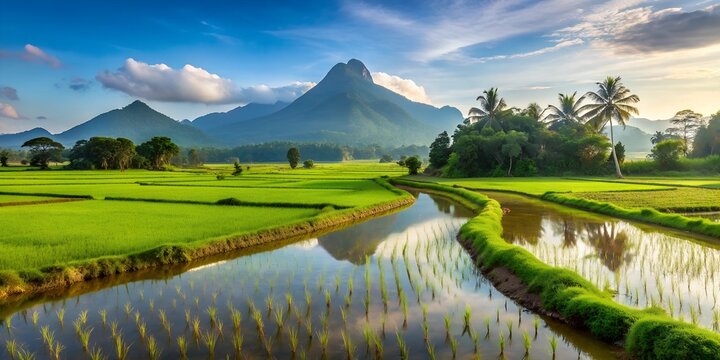 4K paddy field in sri lanka with a mountain background paddy rice fields nature river 16 9 aspect ratio wide wallpaper backdrop
