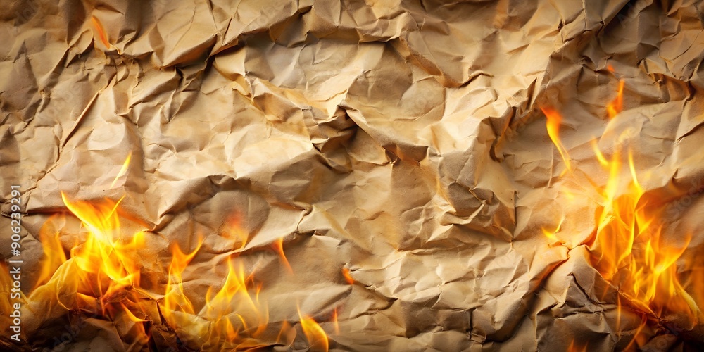 Poster crumpled burning paper texture with flames generative by ai