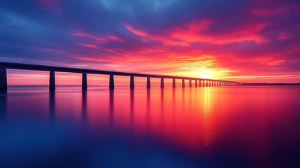 Fototapeta premium Bridge Silhouette at Sunset Over Calm Water