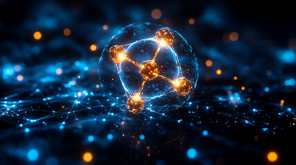 A hydrogen molecule at the center of a digital network, symbolizing clean energy integration