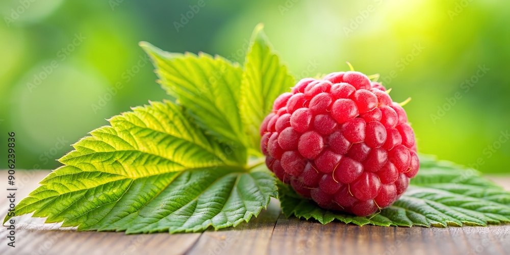 Aufkleber fresh raspberry with green leaf ai-created content